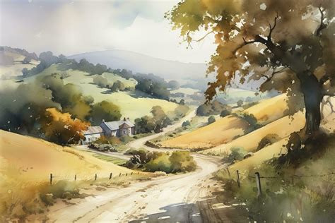 Farm with sunflowers, watercolor painting by hand. Painting of a ...