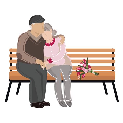 Elderly couple is sitting on a bench in the park vector illustration.Seniors rest outdoors ...