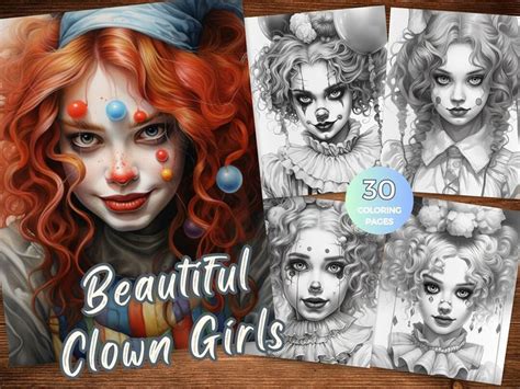 Beautiful Clown Girls Coloring Pages for Adults Instant Download Cute Clown Grayscale Coloring ...