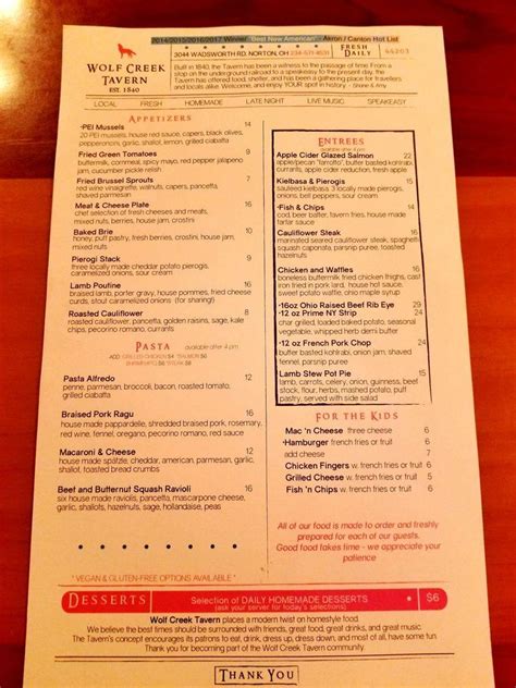 Menu at Wolf Creek Tavern restaurant, Norton