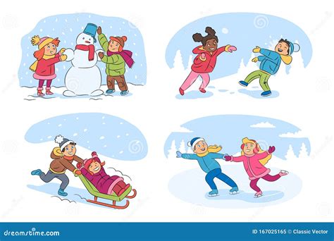 Kids Winter Activities Cartoon Illustrations Set Stock Vector - Illustration of friend, activity ...