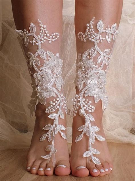 Unique Lace Sandals Ivory Beach Wedding Barefoot Sandals,hand-embroidered Barefoot Sandals ...