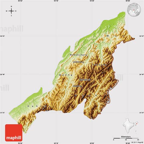 Physical Map of Nagaland, cropped outside