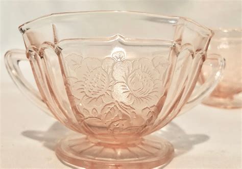 Vintage Blush Pink Depression Glass Sugar Bowl and Creamer-Floral ...