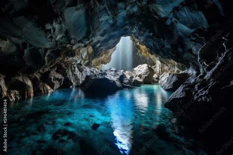 A stunning cave filled with breathtaking bright blue water. Generative ...