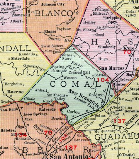 Comal County, Texas, Map, 1911, New Braunfels, Landas Park, Corbyn, Sattler, Spring Branch, Wesson