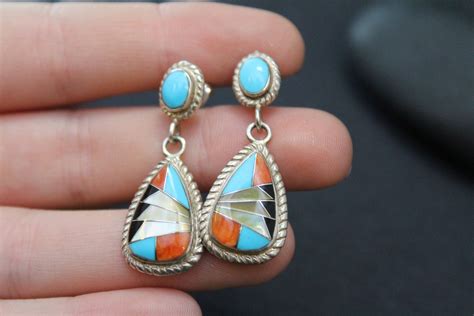 Sterling Silver Native American Inlay Dangle Earrings, Turquoise Inlay Jewelry, Spiny Oyster ...