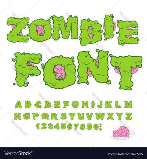 Zombie font scary green letters and brain horrible