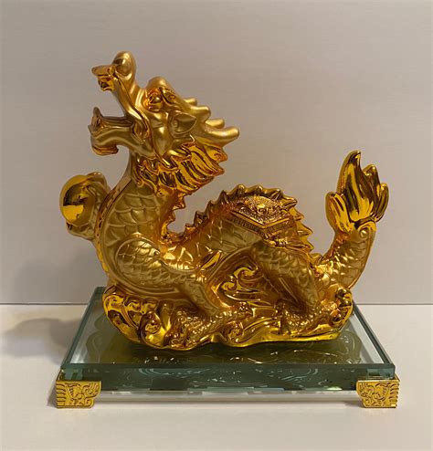 Feng Shui Chinese Golden Dragon Statue With Glass Stand | Etsy