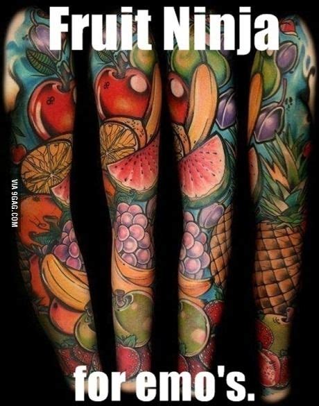 colorful fruit and vegetable tattoos on both arms