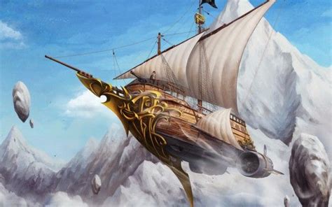 steampunk wallpaper of a flying pirate ship with white sails made at a resolution of 2560 x 1600 ...