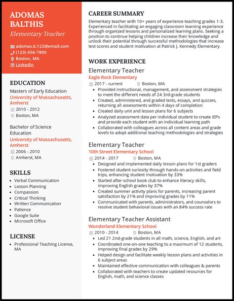 Elementary School Teacher Resume Sample