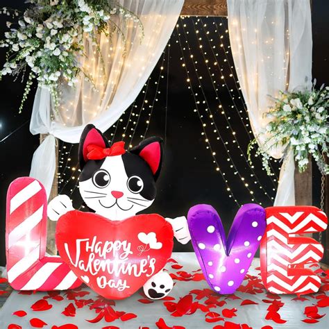 Coumy 6ft Valentine's Day Inflatables Outdoor Decorations for Yard, Cat Holding Love Build-in ...