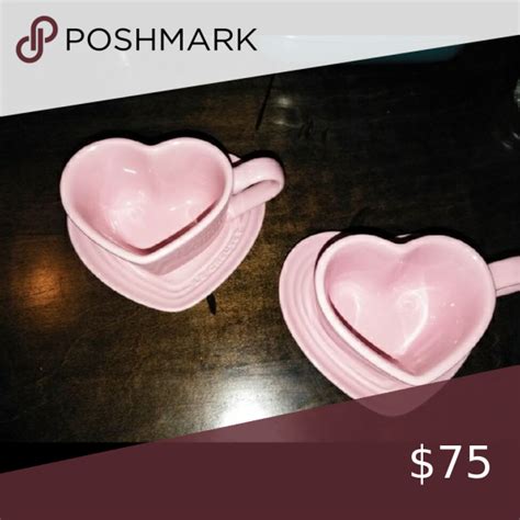 2) LE CREUSET PINK HEART CUP & SAUCER SETS (2) TWO LE CREUSET HEART CUP MUG & SAUCER SET (BRAND ...