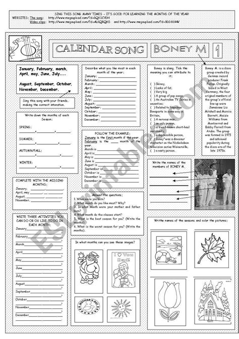 THE CALENDAR SONG - BONEY M - ONE PAGE - FULLY CORRECTABLE AND FULLY EDITABLE - ESL worksheet by ...