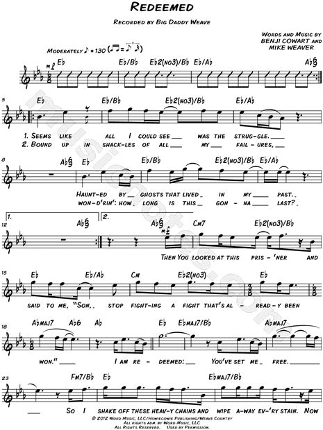 Big Daddy Weave "Redeemed" Sheet Music (Leadsheet) in Eb Major (transposable) - Download & Print ...