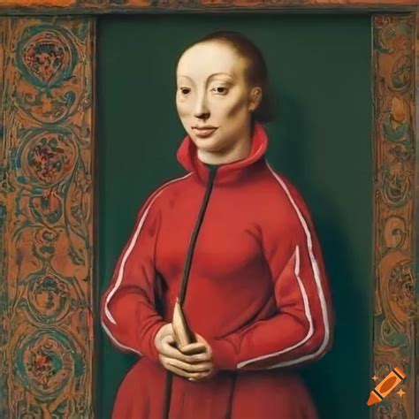 Women in red tracksuits inspired by van eyck on Craiyon