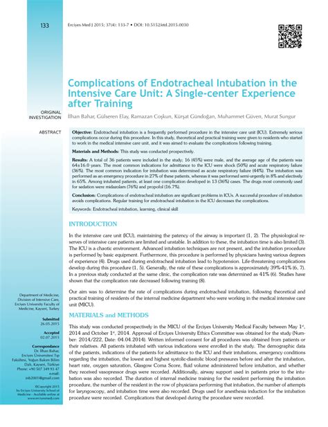 (PDF) Complications of Endotracheal Intubation in the Intensive Care ...