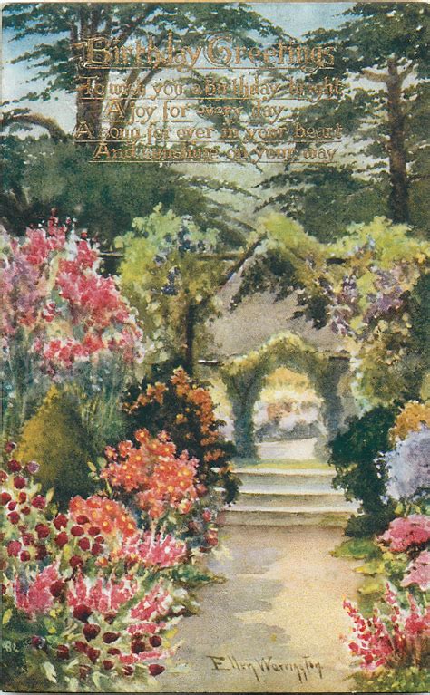 path at right leading to three steps, stone archway leading to inner garden - TuckDB Postcards