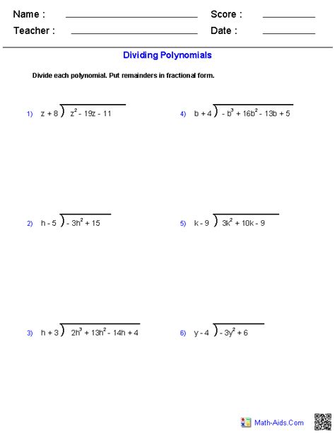 Dividing Polynomials with Long Division Worksheets