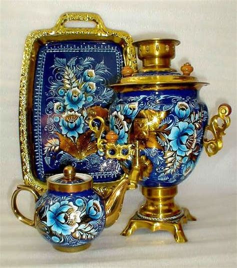 Elegant Blue and Gold Russian Tea Set