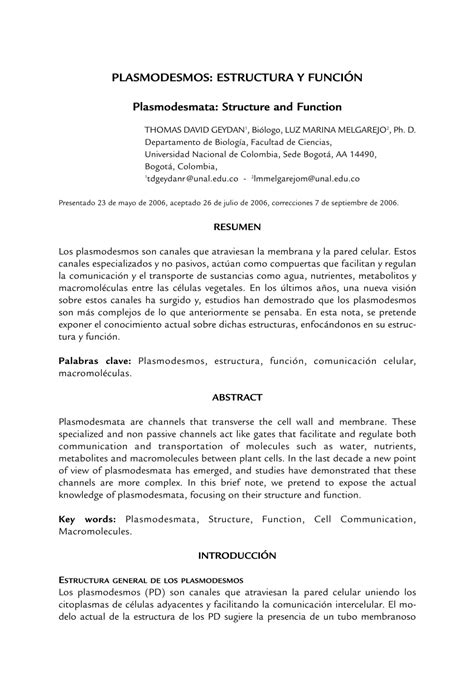 (PDF) PLASMODESMOS: ESTRUCTURA Y FUNCIÓN Plasmodesmata: Structure and Function