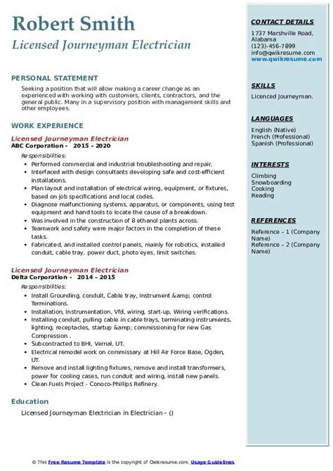 Journeyman Electrician Resume Template