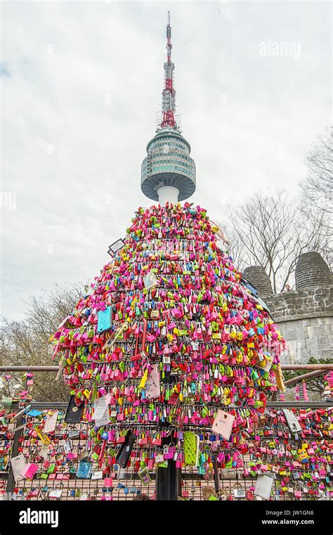 SEOUL - MARCH 28 : Love padlocks at N Seoul Tower or Locks of love is a ...