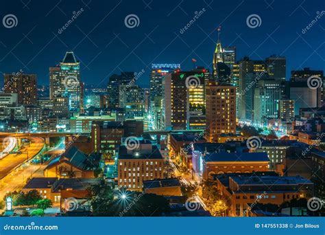 View of the Downtown Baltimore Skyline at Night, in Baltimore, Maryland ...