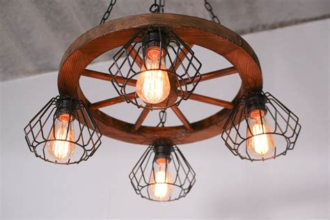 Wagon Wheel Rustic Chandelier 4 Light Fixture Farmhouse Wood - Etsy