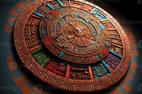 Close view of the ancient Aztec mayan calendar with round pattern and relief on stone surface ...