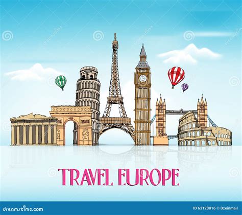 Travel Europe Hand Drawing with Famous Landmarks Stock Vector ...