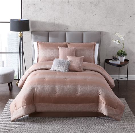 Mainstays 7 Piece Metallic Stripes Comforter Set, Full Queen, Blush and ...