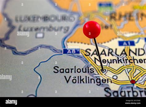 Saarlouis map. Close up of Saarlouis map with red pin. Map with red pin ...