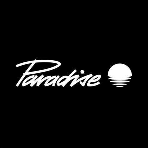 the word paradise is written in white on a black background with an image of a sunset