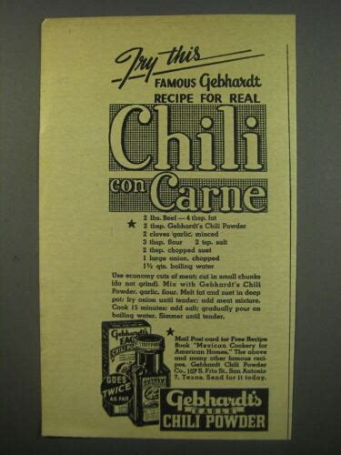 1945 Gebhardt's Eagle Chili Powder Ad - Try this famous Gebhardt recipe ...