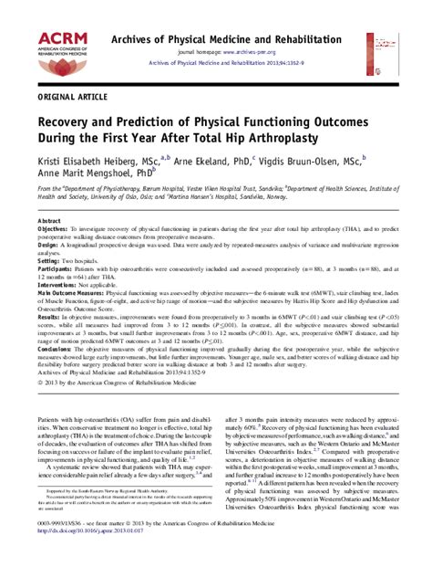 (PDF) Recovery and Prediction of Physical Functioning Outcomes During the First Year After Total ...