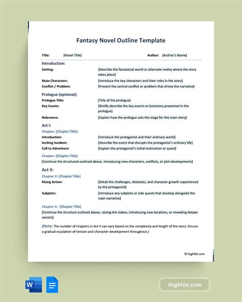 Fantasy Novel Outline Template - Word | Google Docs - Highfile