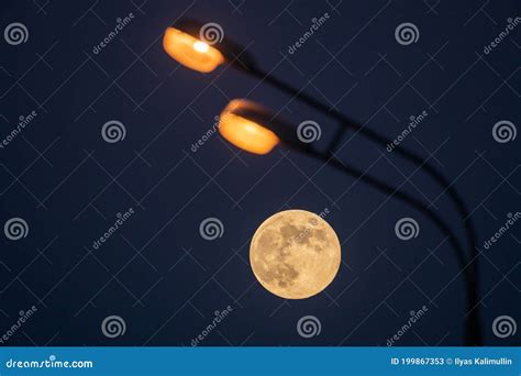 Full Moon and Double Street Light Stock Image - Image of full, double: 199867353