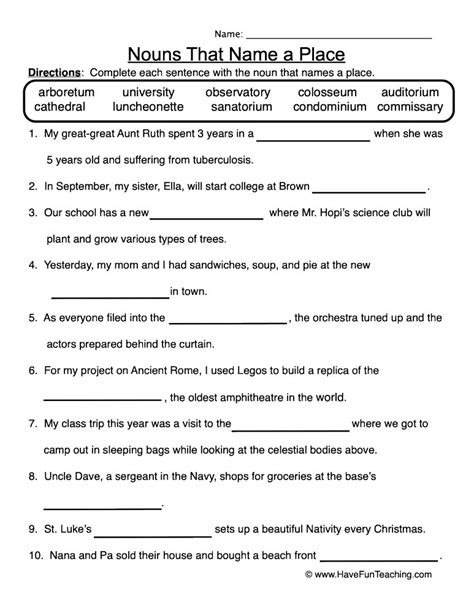 Nouns That Name a Place Worksheet by Teach Simple