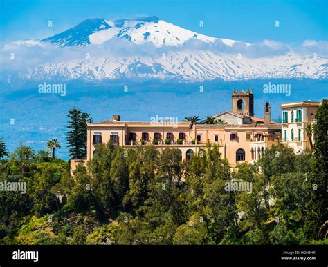 San Domenico Palace Hotel, with snow-capped Mount Etna, Taormina, Sicily, Italy Stock Photo - Alamy