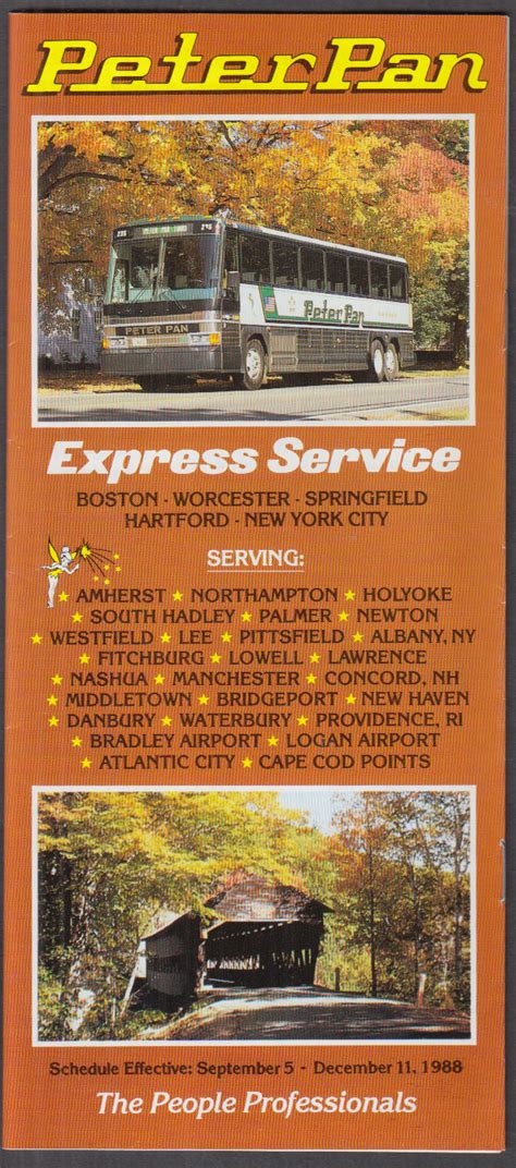 Peter Pan Bus Schedule Express Service 9-12 1988 Boston-Hartford-NY