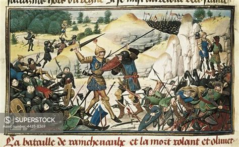 Battle of Roncevaux Pass (778). Knight Roland's death. Illuminated ...