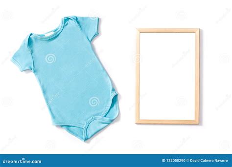 Blue Baby Romper and Frame Mockup Isolated on White Background Stock ...