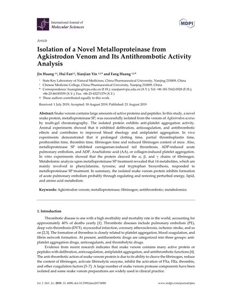 (PDF) Isolation of a Novel Metalloproteinase from Agkistrodon Venom and Its Antithrombotic ...