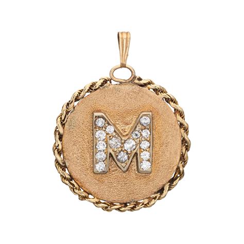 Vintage Letter M Pendant Diamond 14k Yellow Gold Initial Charm Jewelry ...