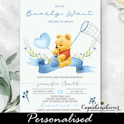 Winnie The Pooh Baby Shower Invitations, Blue Heart Balloon - Cupcakemakeover