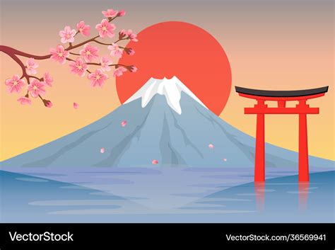 Mount fuji cherry blossoms lake kawaguchiko Vector Image