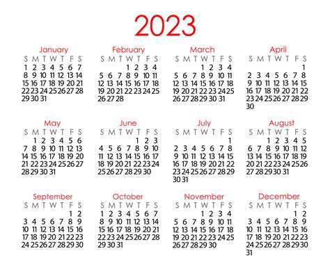 Calendar template for the year 2023 in simple minimalist style, week starts on Sunday, vector ...