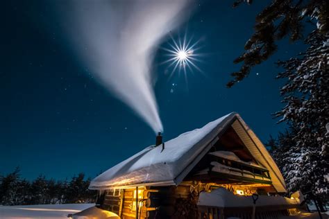 wood, House, Nature, Landscape, Chimneys, Smoke, Moon, Moonlight ...